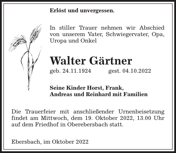 Walter Gärtner Traueranzeige Sächsische Zeitung