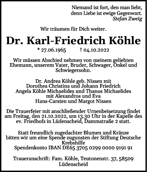 Dr. KarlFriedrich Köhle Traueranzeige Schleswiger Nachrichten