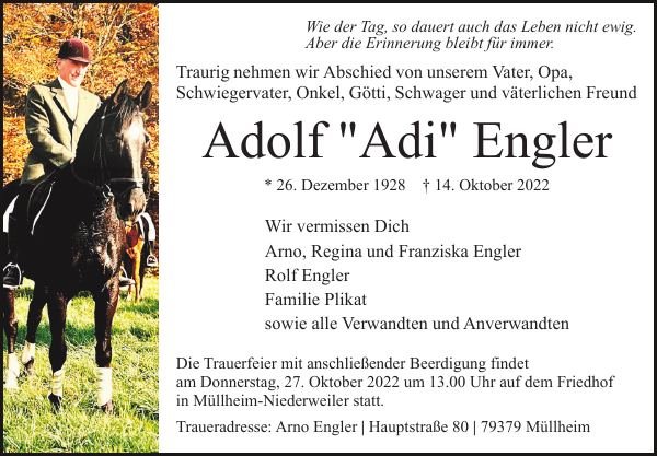 Adolf Engler Traueranzeige Badische Zeitung