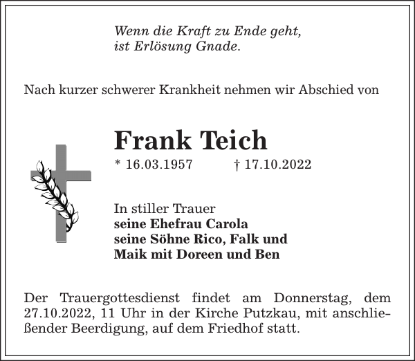 Frank Teich Traueranzeige Sächsische Zeitung