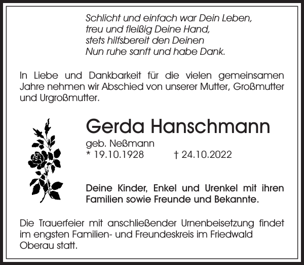 Gerda Hanschmann : Traueranzeige : Sächsische Zeitung