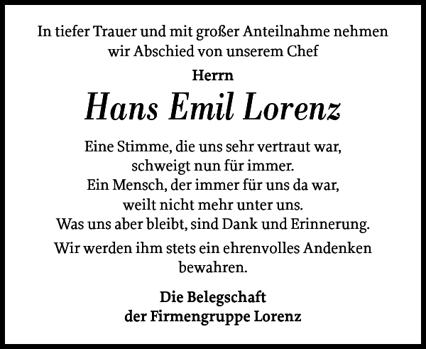 Hans Emil Lorenz Gedenken Norddeutsche Rundschau