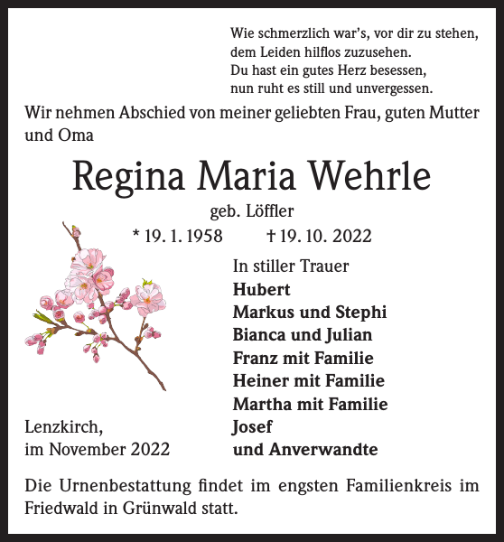 Regina Maria Wehrle: Traueranzeige : Badische Zeitung