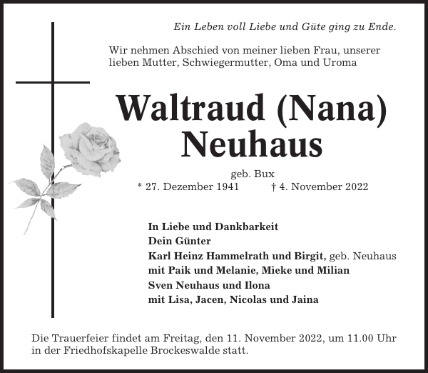 Waltraud Neuhaus Traueranzeige Cuxhavener Nachrichten