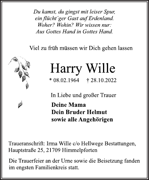 Harry Wille Traueranzeige Stader Tageblatt