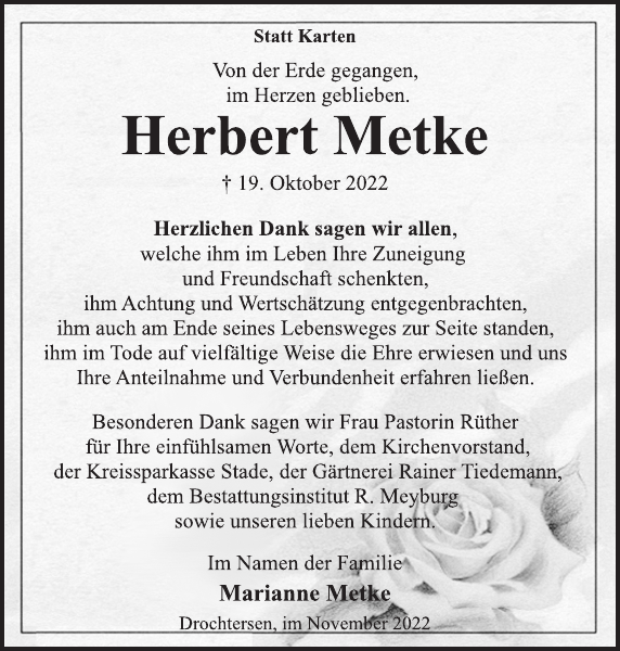 Herbert Metke Danksagung Stader Tageblatt