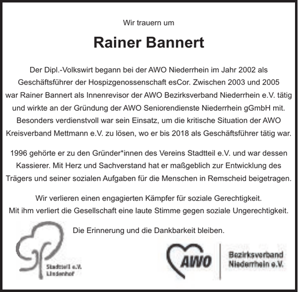 Nachruf Rainer Bannert: Traueranzeige : Remscheider General-Anzeiger