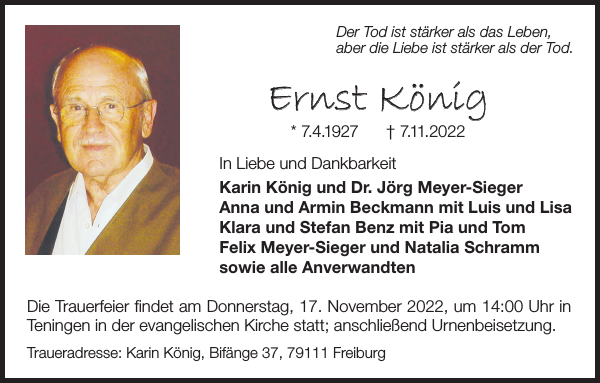 Ernst König Traueranzeige Badische Zeitung