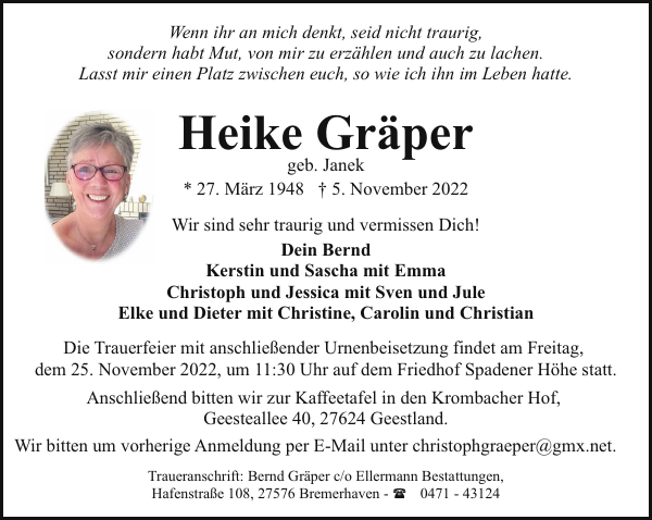 Heike Gräper: Gedenken : Nordsee-Zeitung