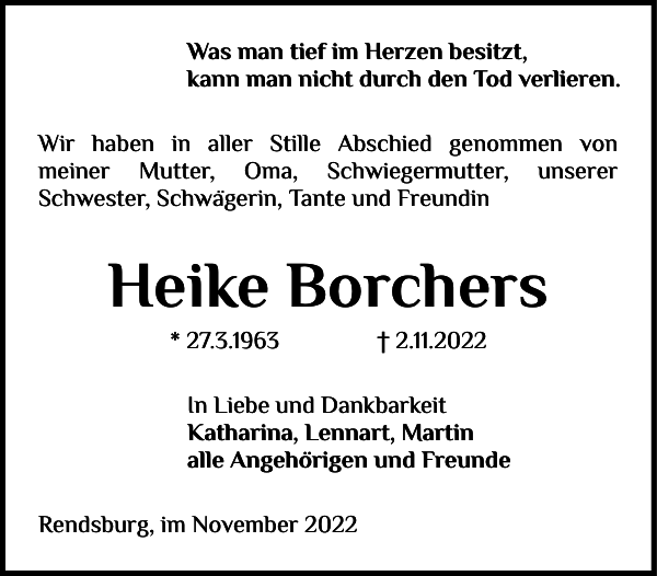 Heike Borchers: Traueranzeige : Landeszeitung