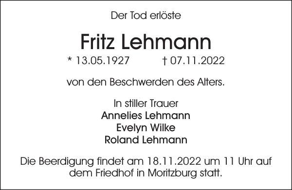 Fritz Lehmann Traueranzeige Sächsische Zeitung