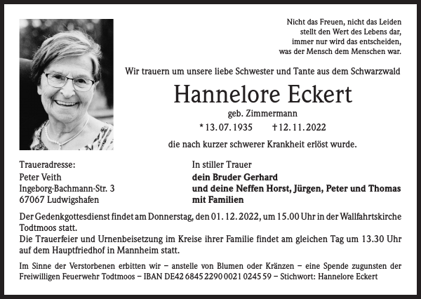 Hannelore Eckert Traueranzeige Badische Zeitung