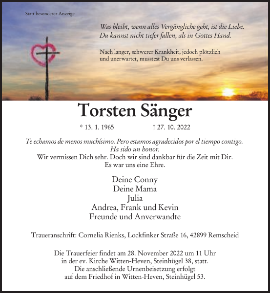 Torsten Sänger : Traueranzeige : Remscheider General-Anzeiger