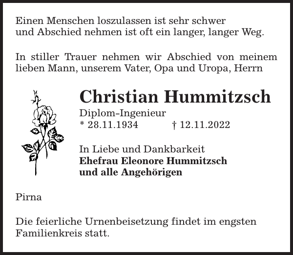 Christian Hummitzsch Traueranzeige Sächsische Zeitung