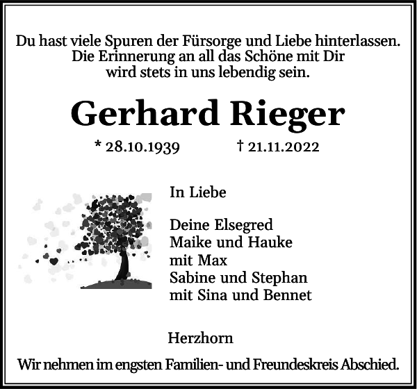 Gerhard Rieger Traueranzeige Norddeutsche Rundschau
