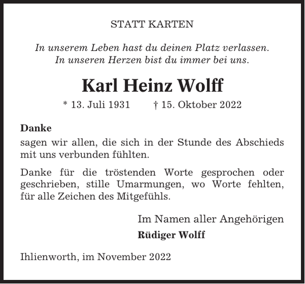Karl Heinz Wolff Danksagung NiederelbeZeitung