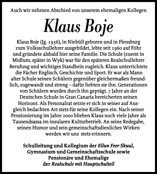 Klaus Boje Gedenken Der InselBote