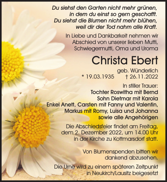 Christa Ebert Traueranzeige Sächsische Zeitung