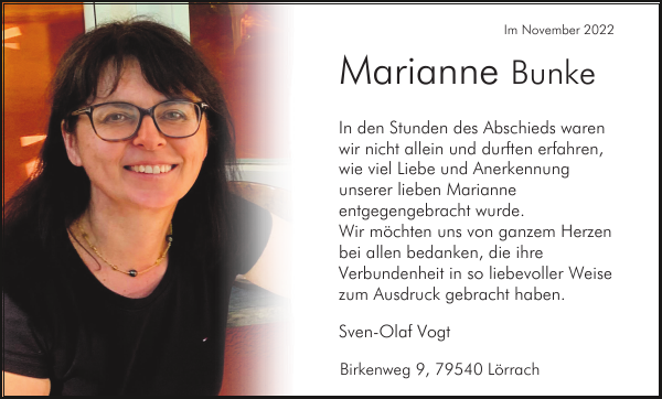 Mariann Bunke: Danksagung : Badische Zeitung