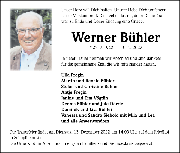 Werner Bühler Traueranzeige Badische Zeitung