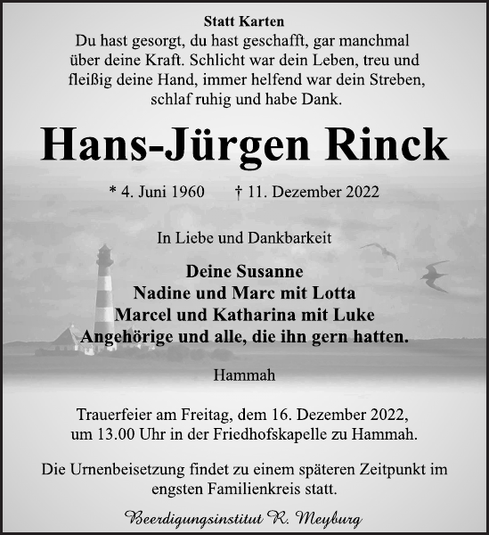 HansJürgen Rinck Traueranzeige Stader Tageblatt