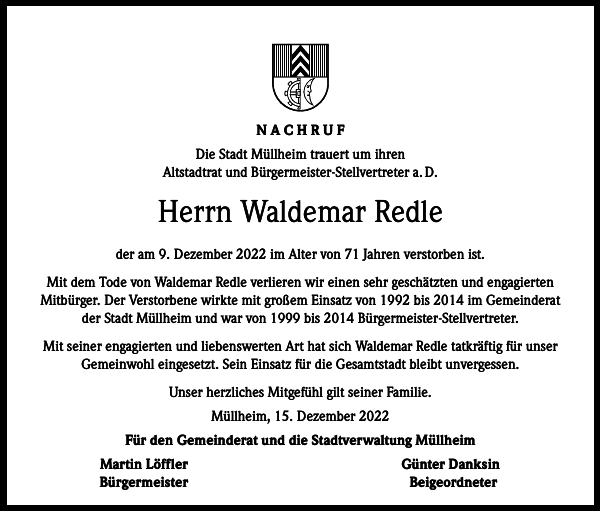 Waldemar Redle Traueranzeige Badische Zeitung