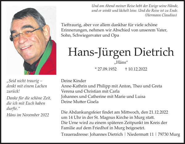 Hans Jürgen Dietrich Traueranzeige Badische Zeitung 