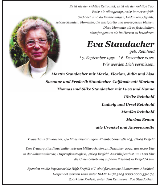Eva Staudacher Traueranzeige Westdeutsche Zeitung