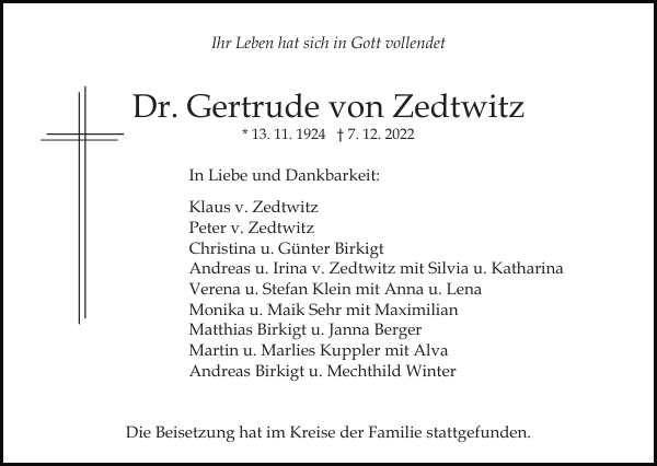 Gertrude von Zedtwitz Traueranzeige Badische Zeitung