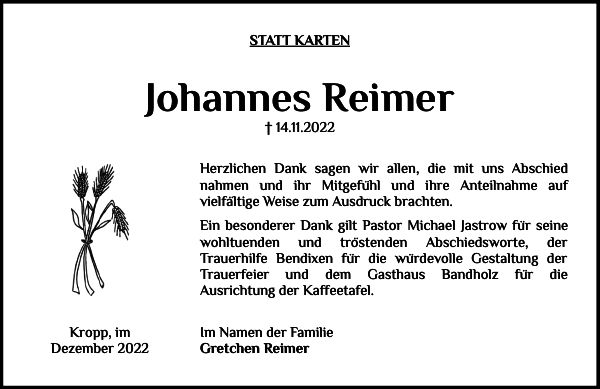 Johannes Reimer Danksagung Landeszeitung
