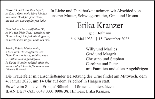 Erika Kranzer: Traueranzeige : Badische Zeitung