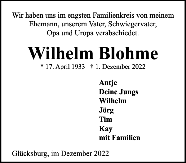 Wilhelm Blohme Traueranzeige Flensburger Tageblatt