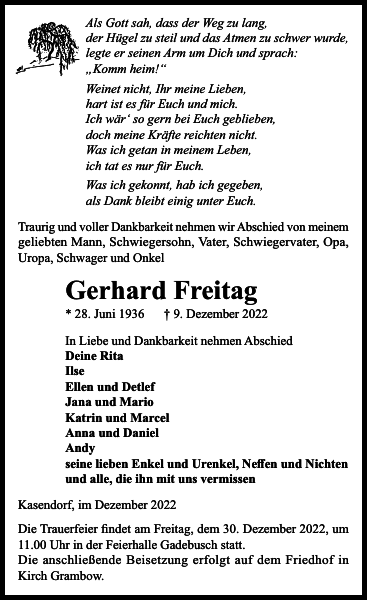 Gerhard Freitag Danksagung GadebuschRehnaer Zeitung
