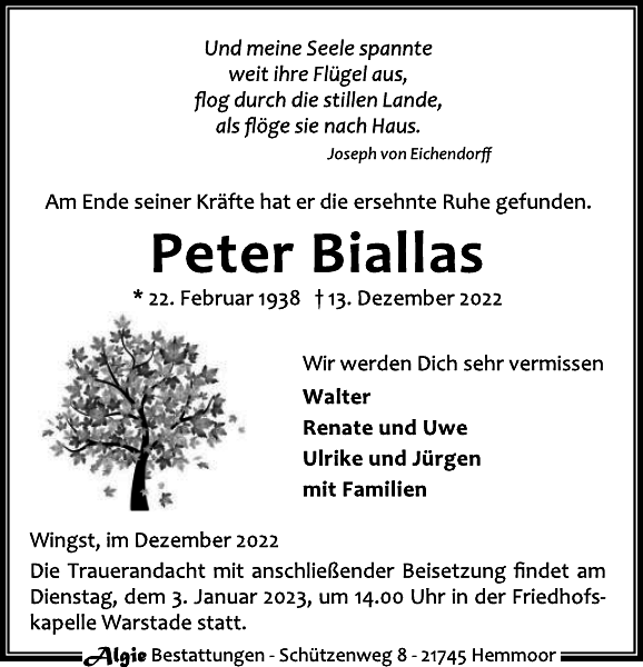 Peter Biallas Traueranzeige NiederelbeZeitung