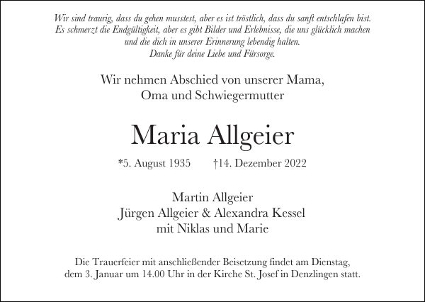 Maria Allgeier Traueranzeige Badische Zeitung