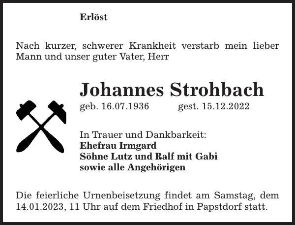 Johannes Strohbach: Traueranzeige : Sächsische Zeitung