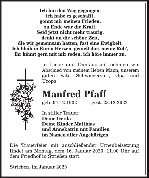 Manfred Pfaff Traueranzeige Sächsische Zeitung