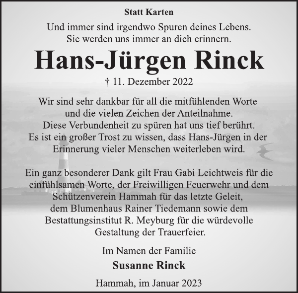 HansJürgen Rinck Danksagung Stader Tageblatt
