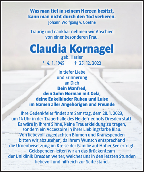 Claudia Kornagel: Traueranzeige : Sächsische Zeitung