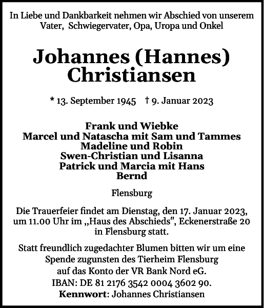 Johannes Hannes Christiansen Traueranzeige Flensburger Tageblatt