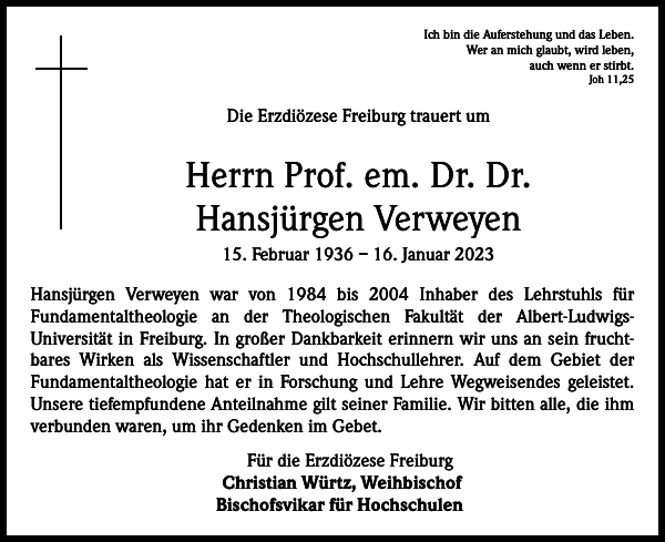 Prof. em. Dr. Dr. Hansjürgen Verweyen Nachruf Badische Zeitung
