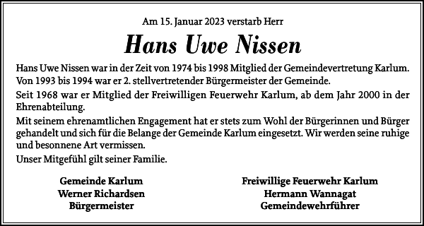 Hans Uwe Nissen Gedenken Nordfriesland Tageblatt