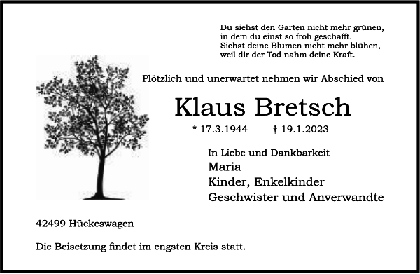 Klaus Bretsch Traueranzeige Remscheider GeneralAnzeiger