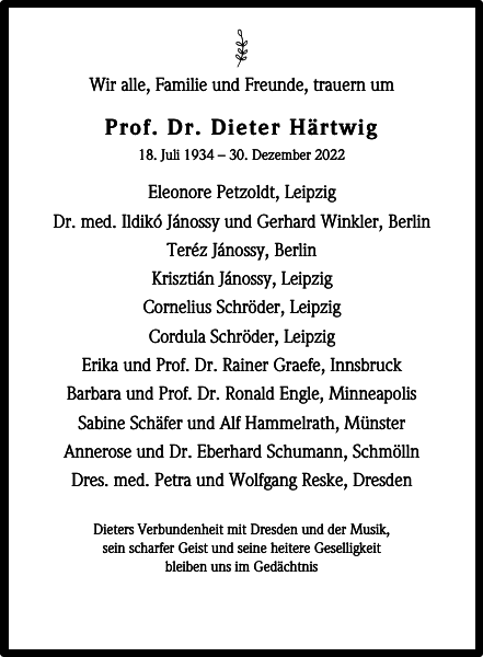 Prof. Dr. Dieter Härtwig Traueranzeige Sächsische Zeitung
