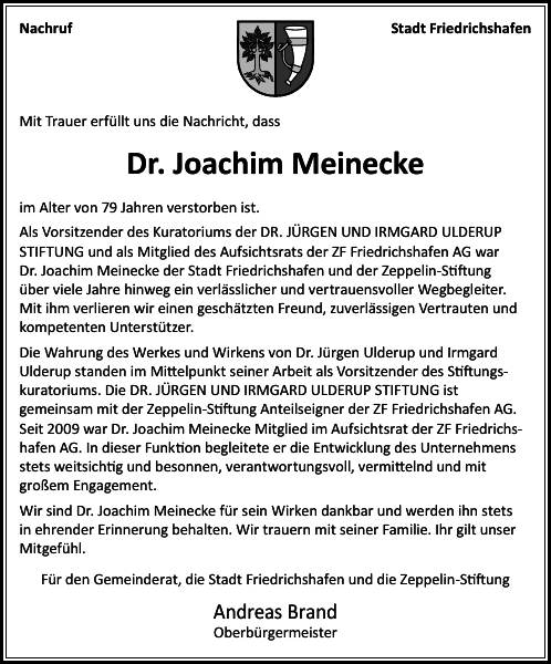 Joachim Meinecke Dr.: Traueranzeige : Badische Zeitung