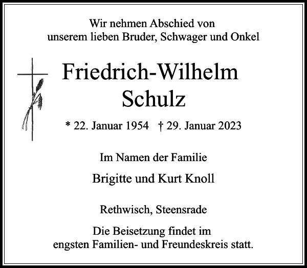 FriedrichWilhelm Schulz Traueranzeige Stormarner Tageblatt