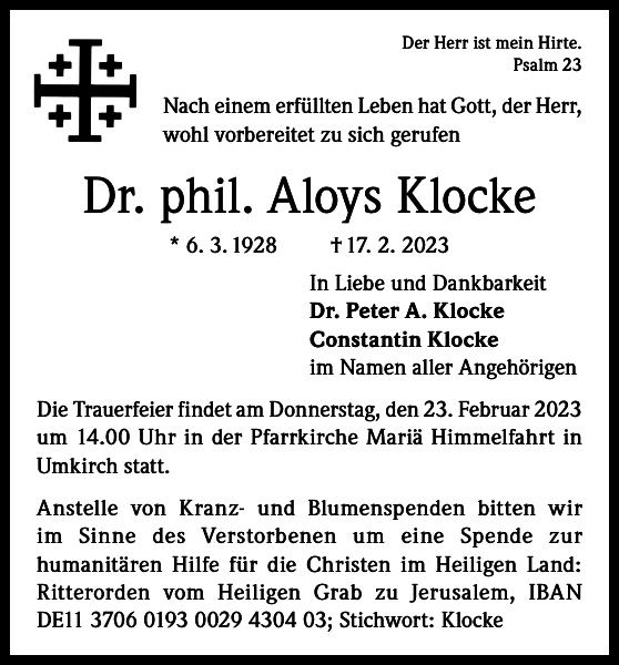 Aloys Klocke Traueranzeige Badische Zeitung