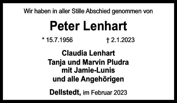 Peter Lenhart Traueranzeige Landeszeitung