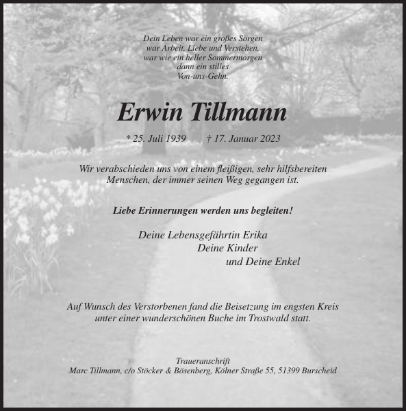 Erwin Tillmann Traueranzeige Remscheider GeneralAnzeiger