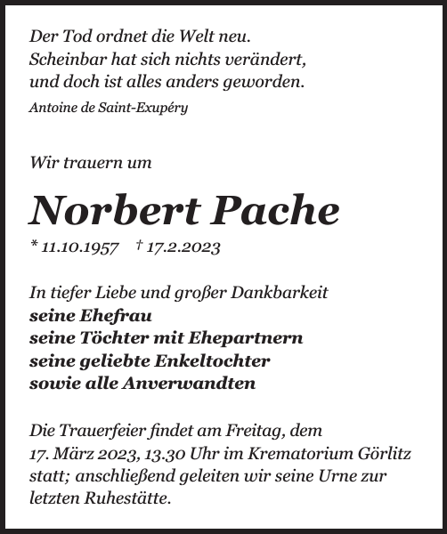 Norbert Pache Traueranzeige Sächsische Zeitung